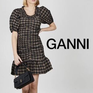 GANNI Plaid Seersucker fitted Mini Dress Puff Sleeve 6 brown black